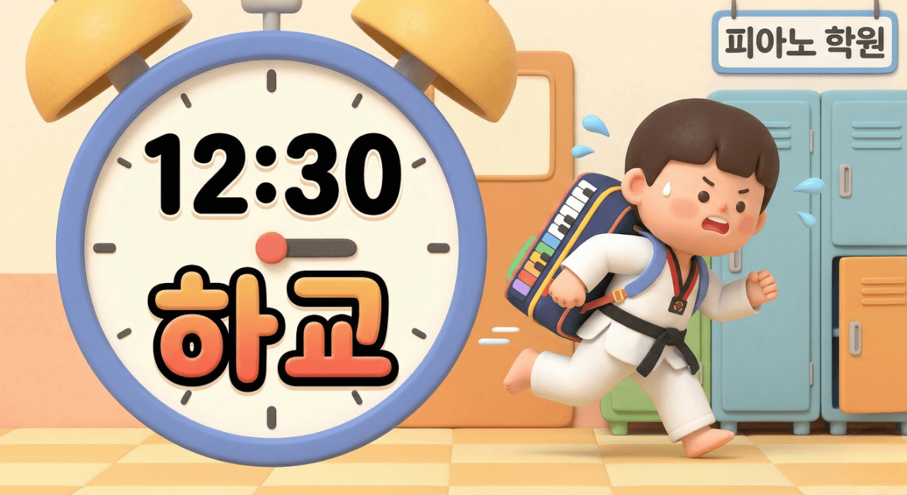 12시 30분 '하교'라고 크게 적힌 시계와, 그 뒤로 태권도복을 입고 피아노 가방을 멘 귀여운 7살 아이가 바쁘게 움직이는 3D 일러스트