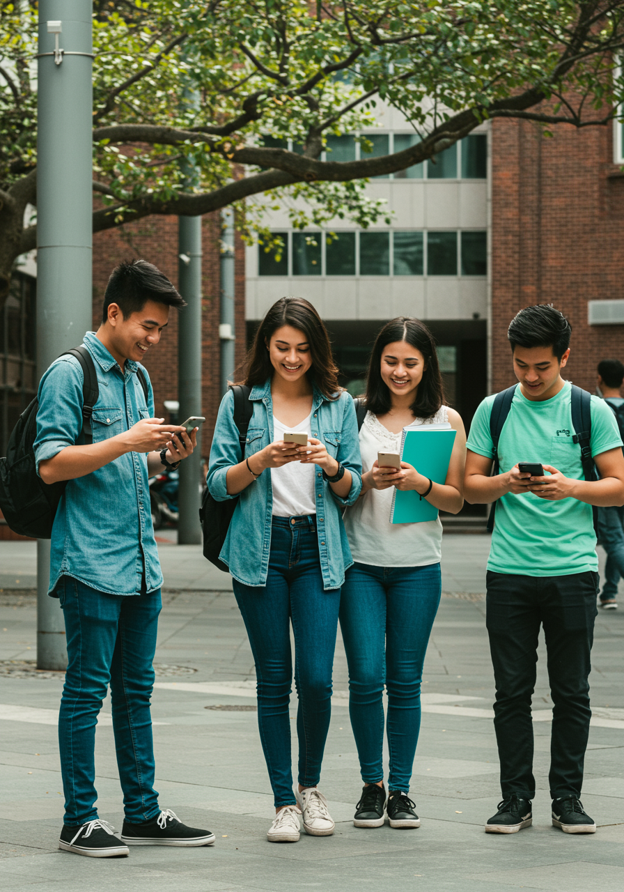 남녀 대학생 4명이 캠퍼스 거리에서 스마트폰을 보면서 서로 대화하고 있는 이미지