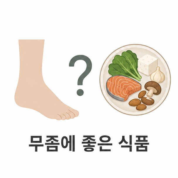무좀에 좋은 식품 대표 이미지, 발 실루엣과 접시 사이에 물음표를 배치한 일러스트