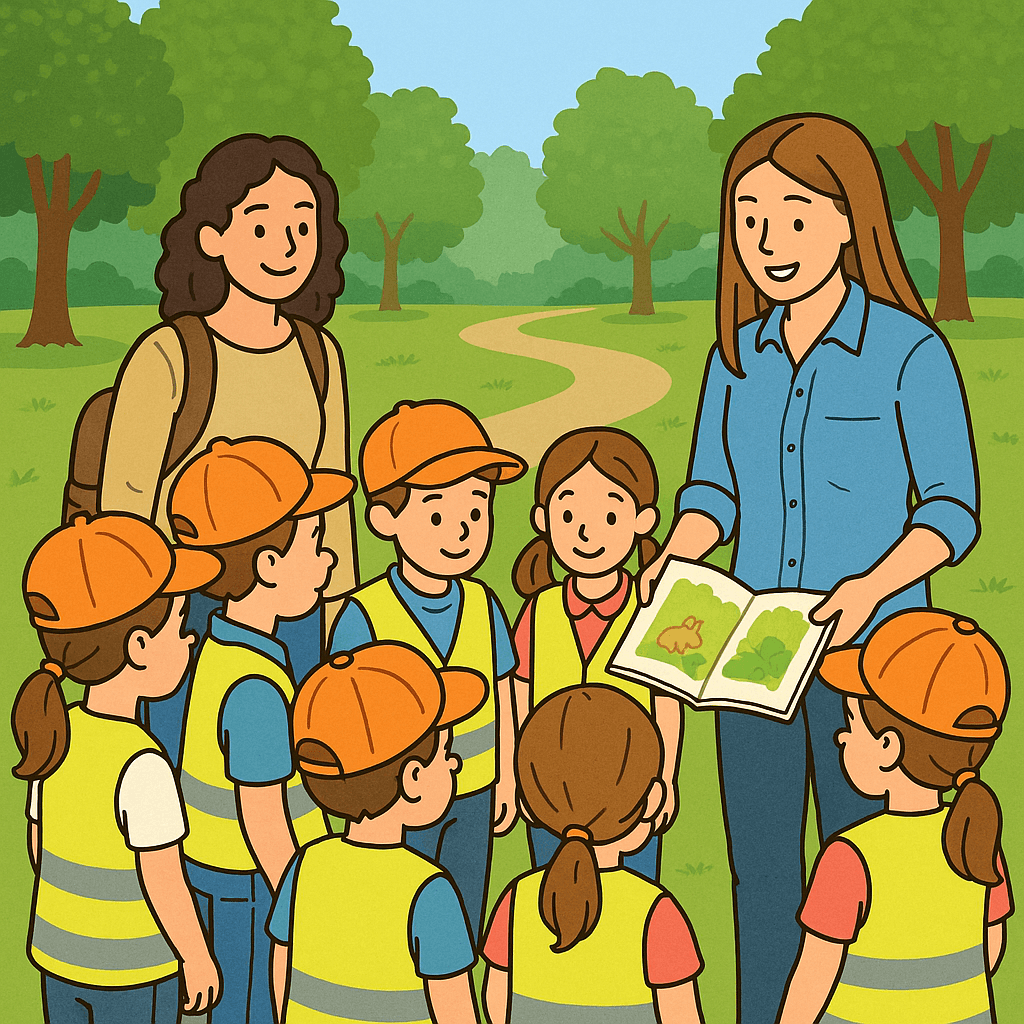 야외에서 현장학습중인 어린이