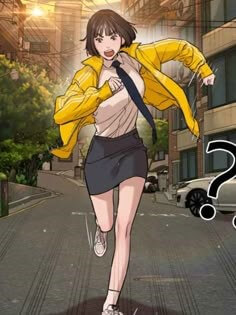 검정치마와-노란색-점퍼를-입은-여성이-급한게-뛰어가는데-어디로-가는지를-모르고-뛰는-모습