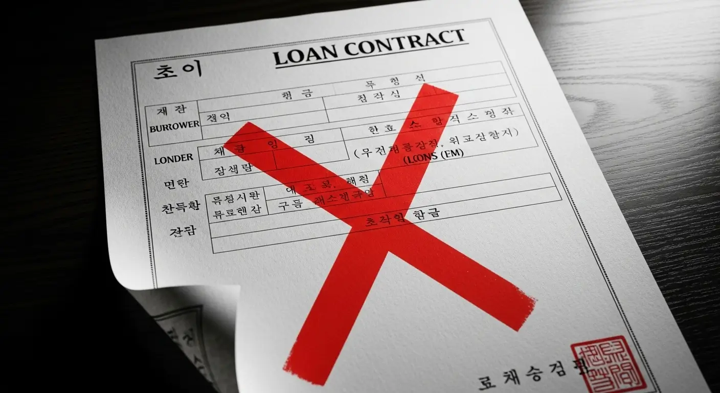 대출 계약서 위에 '용도 외 유용 적발'로 인한 '대출 전액 회수'를 상징하는 붉은색 X자 표시가 겹쳐진 이미지