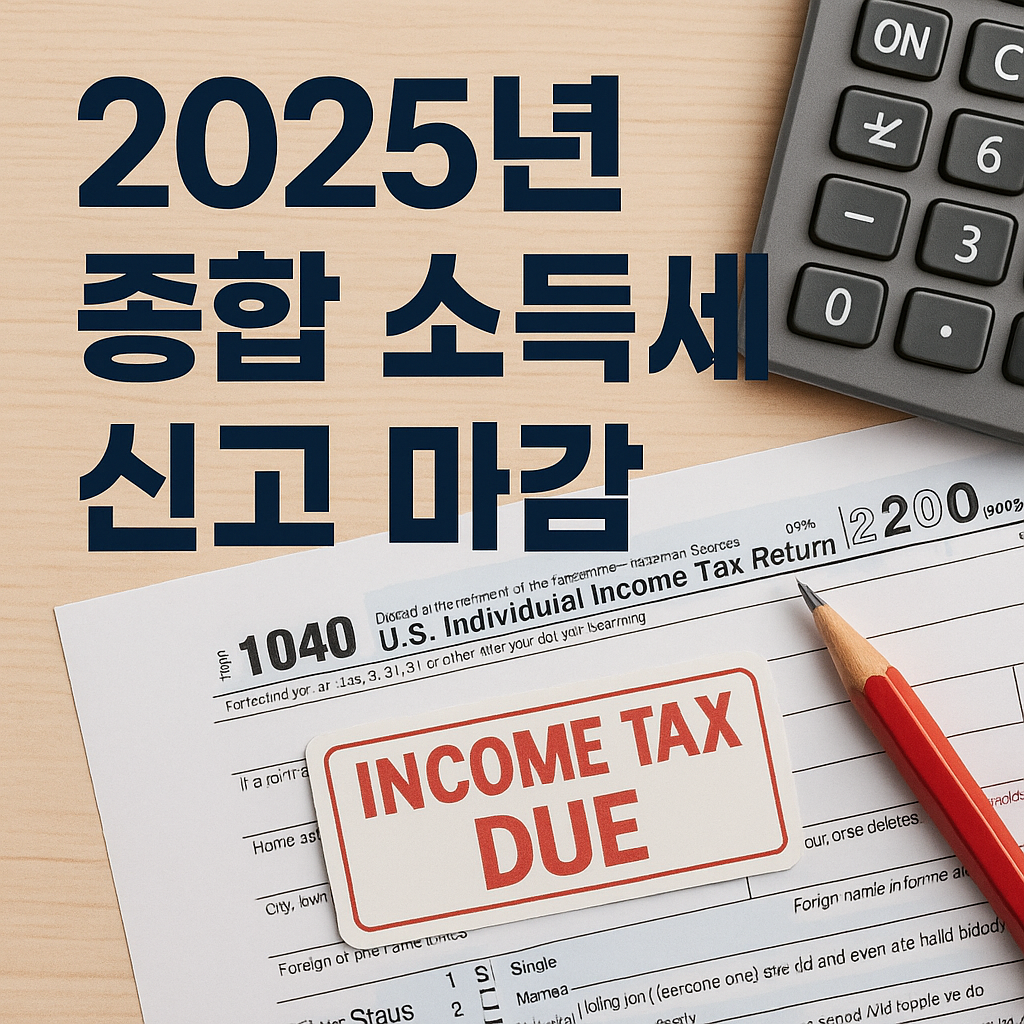 2025년 종합 소득세 신고 마감 &ndash; 1040 소득세 양식과 계산기, 연필, INCOME TAX DUE 라벨이 놓인 이미지