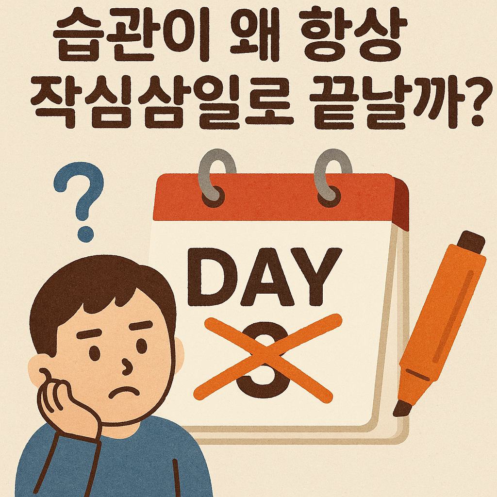 습관을 작심삼일로 끝내는 사람의 고민과 중단된 달력을 표현한 일러스트 - 습관 지속 실패 원인과 해결책을 다룬 주제