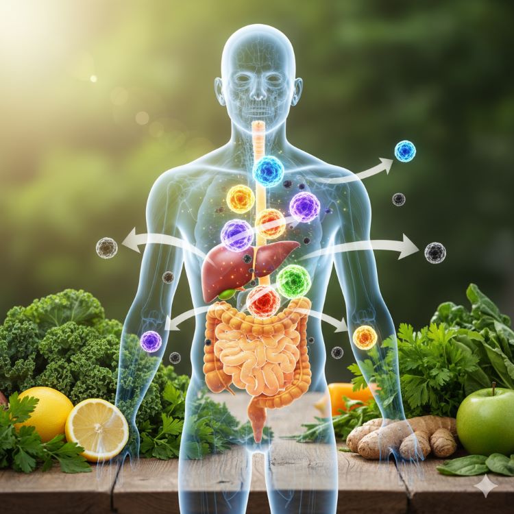 투명한 인체 형상 안에서 효소들이 빛나는 입자로 표현되며 독소(어두운 점들)를 제거하는 모습. 간, 신장, 장, 피부를 통해 독소가 빠져나가는 경로가 화살표로 표시되어 있고, 주변에는 레몬, 생강, 녹색 채소 같은 해독 식품들이 배치된 자연스럽고 치유적인 느낌의 이미지