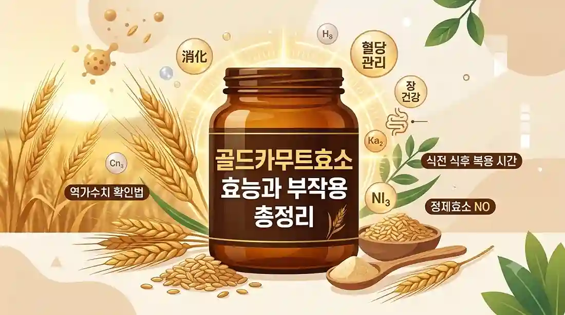 황금색 카무트 밀밭과 카무트 곡물, 효소 분말을 배경으로, 중앙에 '골드카무트효소 효능과 부작용 총정리'라고 쓰인 갈색 병이 놓여 있다. 병 주위로 '소화', '혈당 관리', '장 건강' 아이콘과 '역가수치 확인법', '식전 식후 복용 시간', '정제효소 NO' 등의 정보가 담긴 말풍선들이 배치된 건강 기능 식품 썸네일