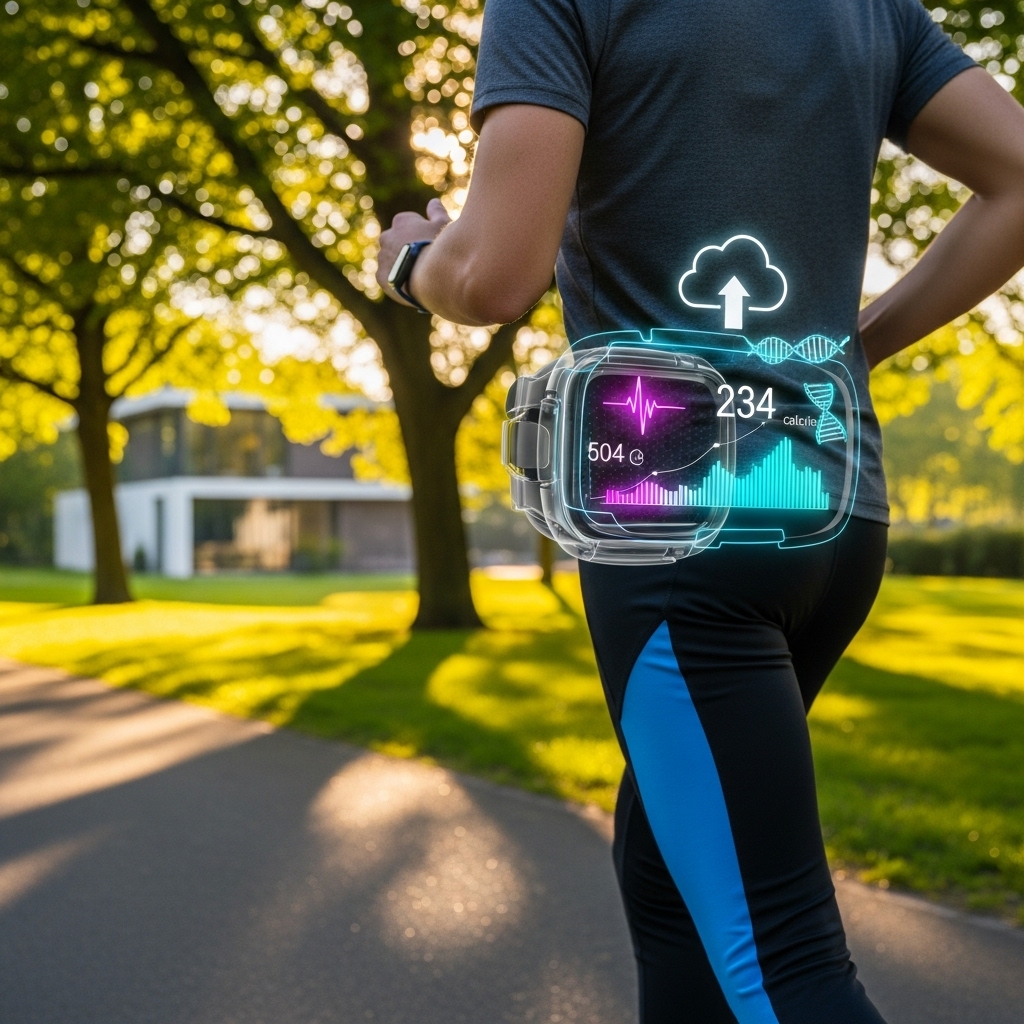 미래형 스마트워치를 착용하고 공원에서 조깅하는 사람. 시계에서 실시간 건강 데이터가 홀로그램으로 표시되고, 데이터가 클라우드를 통해 집으로 연동되는 모습을 보여주며 개인 맞춤형 건강 관리가 일상화된 미래를 표현합니다.