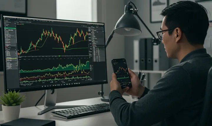컴퓨터와 스마트폰으로 주식 차트를 분석 중인 남성 투자자