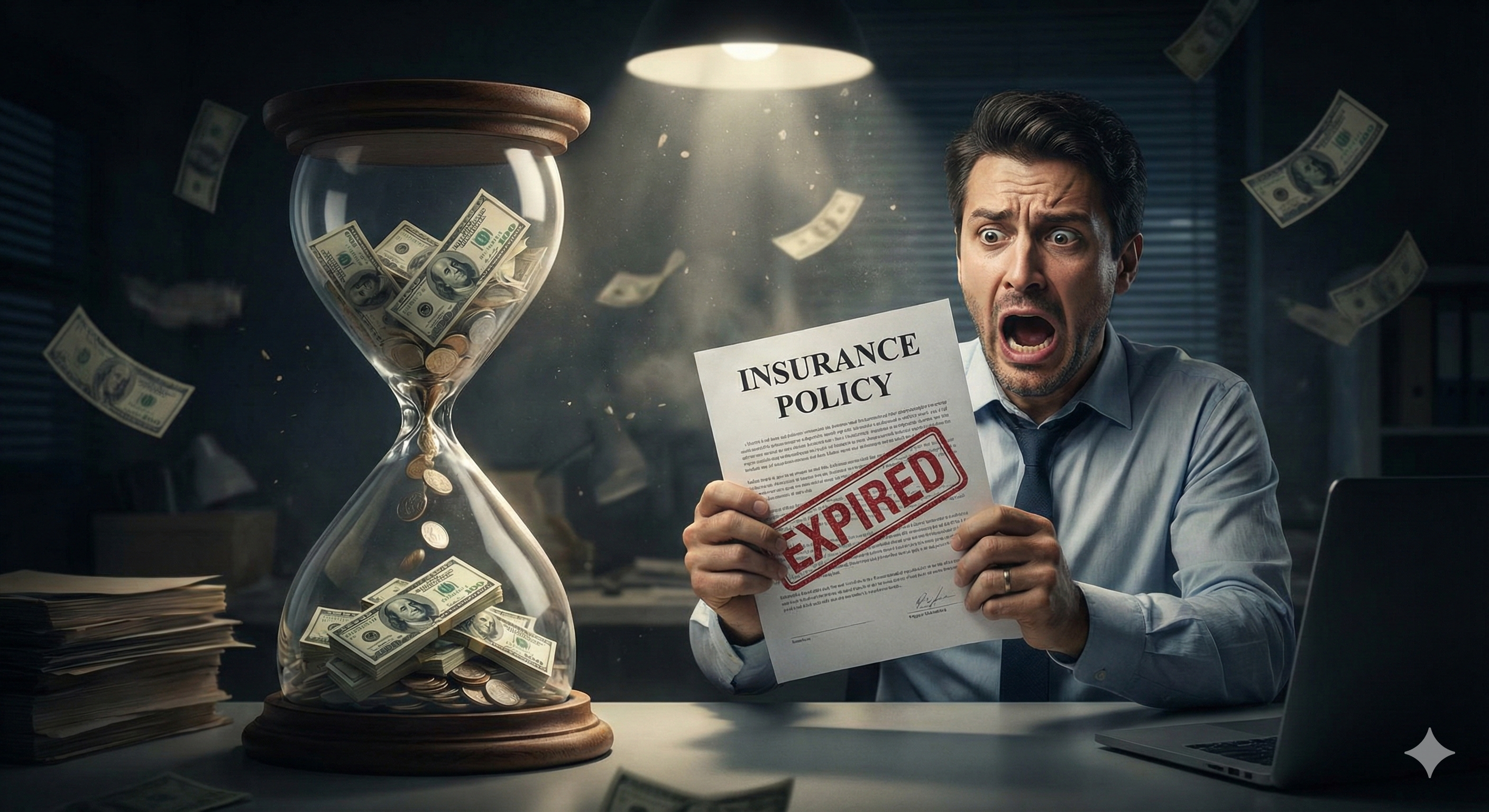 모래시계에서 시간이 흐르며 돈이 빠져나가는 모습과 보험 서류를 보고 놀란 사람