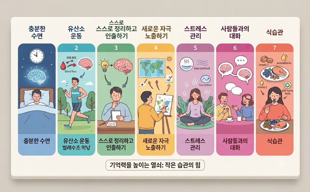"기억력을 높이는 7가지 핵심 생활 습관: 1.충분한 수면, 2.유산소 운동, 3.스스로 정리하고 인출하기, 4.새로운 자극 노출하기, 5.스트레스 관리, 6.사람들과의 대화, 7.뇌 건강에 좋은 식습관을 강조한 인포그래픽 이미지"