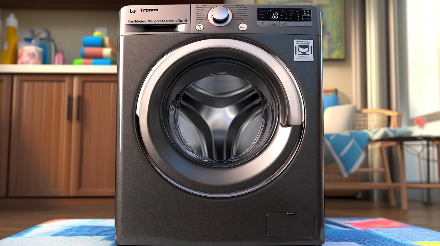 세련되고 현대적인 아파트에 놓인 LG 트롬 세탁기, 세련된 디자인을 강조하는 고급스러운 모습.
