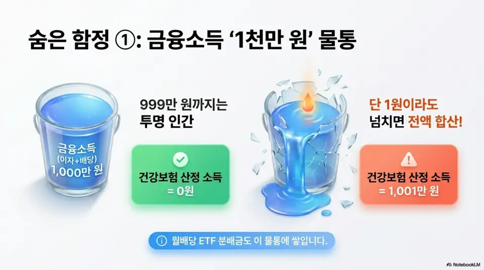 건강보험 피부양자 자격조건: 금융소득 1000만 원 기준의 합산 규칙을 물통 비유로 설명하는 인포그래픽 이미지로 999만 원까지는 건강보험 산정 소득이 0원이지만 1원이라도 넘치면 전액이 합산되며 월배당 ETF 분배금도 이 물통에 쌓인다는 내용을 담고 있음 