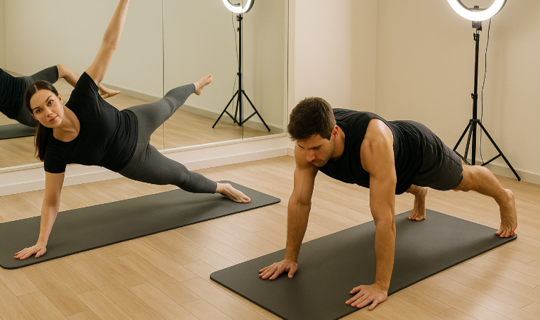 사이드 플랭크 레그 리프트와 플랭크 잭 동작