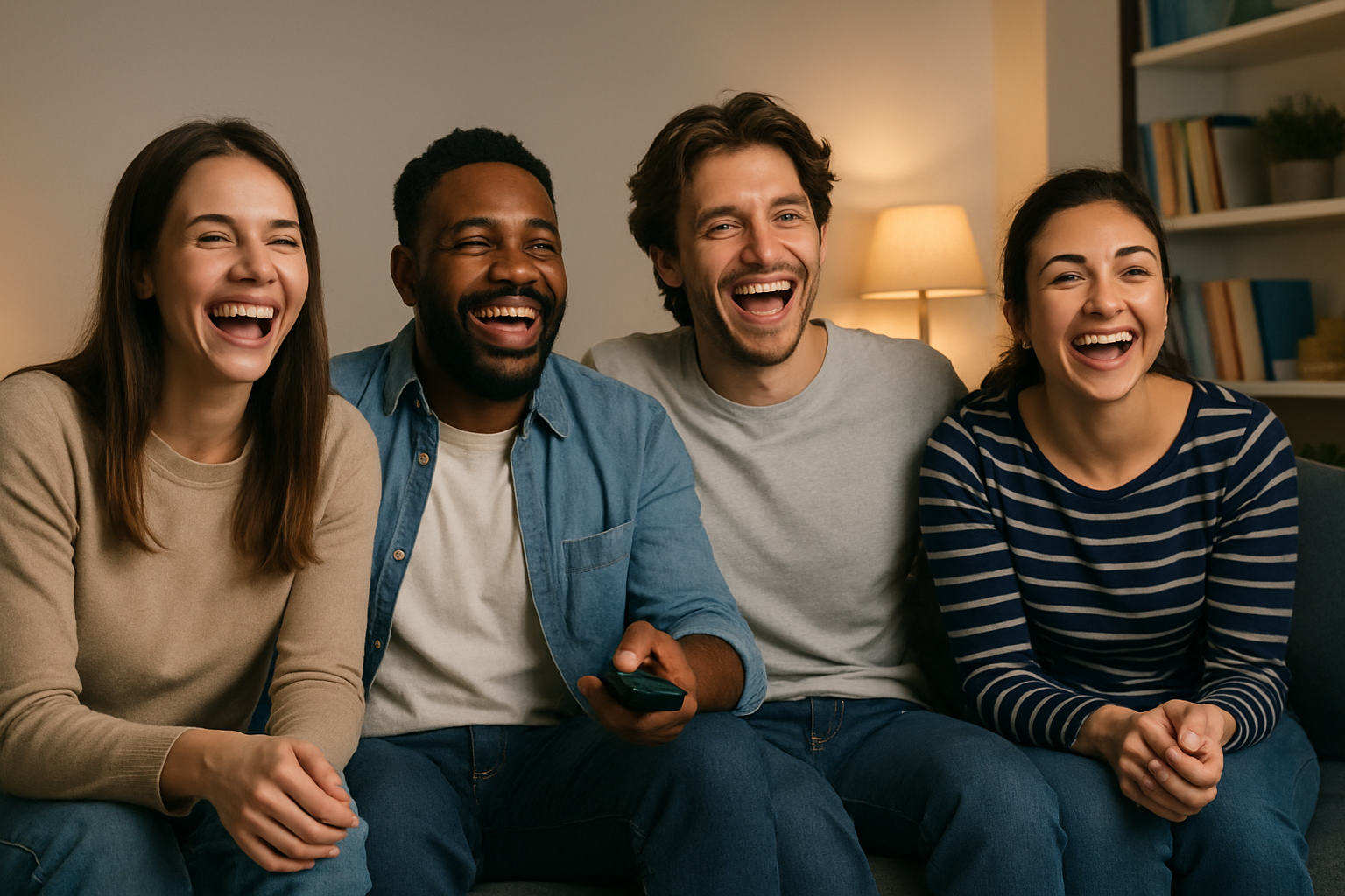 tv 보면서 웃고 있는 사람들 사진