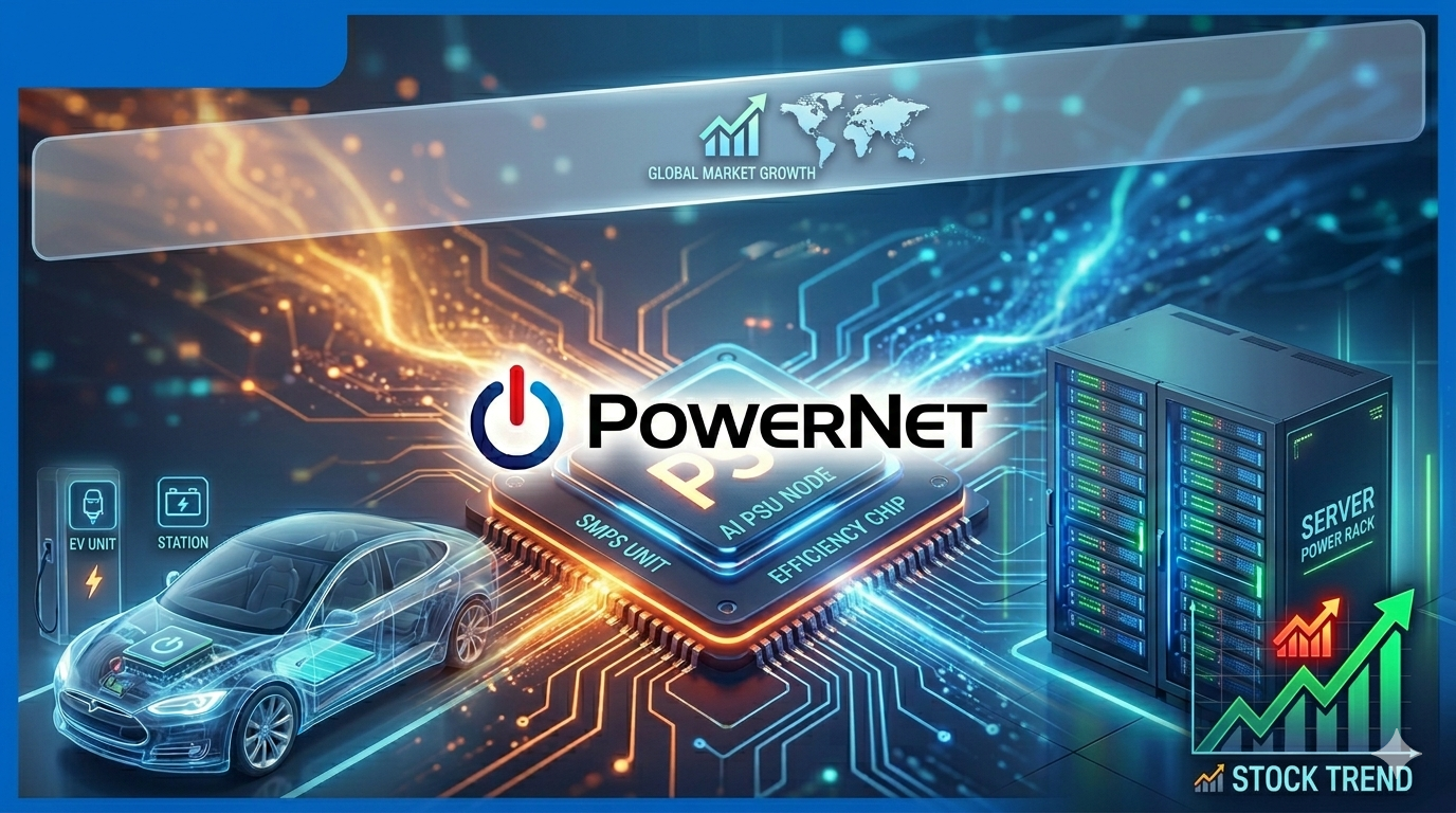 파워넷(POWERNET)의 핵심 경쟁력을 시각화한 클릭률 최적화 썸네일. 중앙에는 전원 아이콘과 함께 'POWERNET' 로고가 박힌 첨단 'AI PSU NODE' 및 'SMPS UNIT' 칩셋이 빛나고 있다. 왼쪽에는 내부 배터리와 모터가 보이는 투명한 'EV UNIT' 전기차와 충전 스테이션이 배치되어 있으며, 오른쪽에는 녹색 LED가 빛나는 'SERVER POWER RACK'이 있어 데이터센터 수요를 강조한다. 상단에는 글로벌 시장 성장 그래프와 세계 지도가, 하단 오른쪽에는 수익 상승을 상징하는 녹색 'STOCK TREND' 그래프와 화살표가 선명하게 보인다. 전체적으로 파란색과 주황색의 미래지향적 빛의 회로 패턴이 가득하며, '전기차 전장'과 '서버 전원장치'라는 고부가 가치 시장의 직접적 수혜를 강조하는 실사 느낌의 그래픽 썸네일.