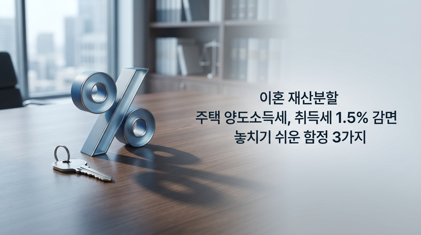이혼 재산분할 주택 양도소득세 비과세와 취득세 50% 감면 조건 총정리! 이혼 전 등기 이전, 60일 신청 기한 도과, 협의서 미비 등 놓치기 쉬운 함정 3가지와 수천만 원 절약하는 실전 체크리스트까지 완벽 가이드