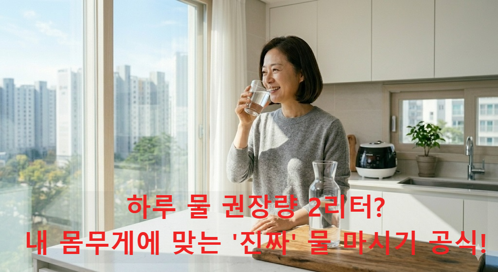 밝은 주방에서 맑은 물을 마시며 수분을 보충하는 한국인