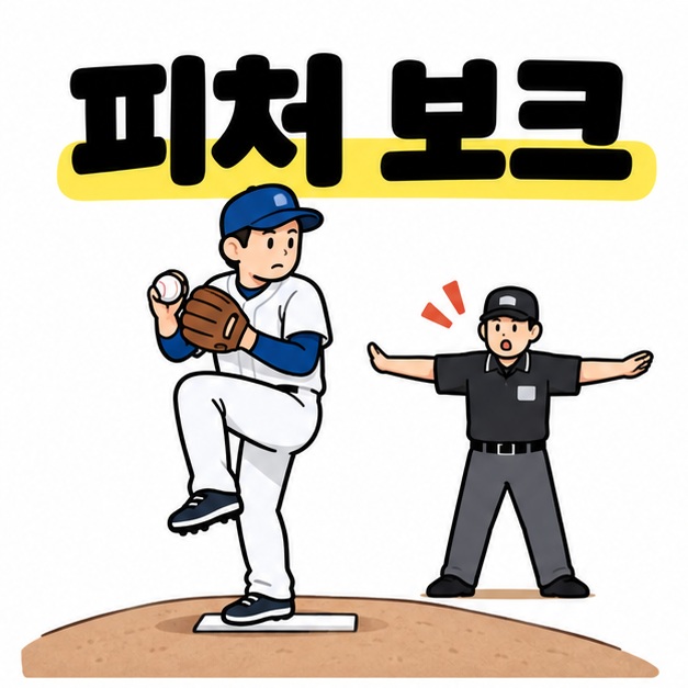 피처 보크 제목 아래 투수판을 딛고 다리를 든 투수 옆에서 심판이 양팔을 펼쳐 판정을 알리는 모습