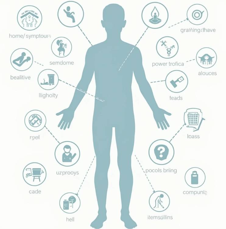 만성피로의 다양한 증상을 보여주는 인포그래픽. 인체 실루엣을 중심으로 각 증상이 해당 부위에 아이콘으로 표시되어 있습니다.