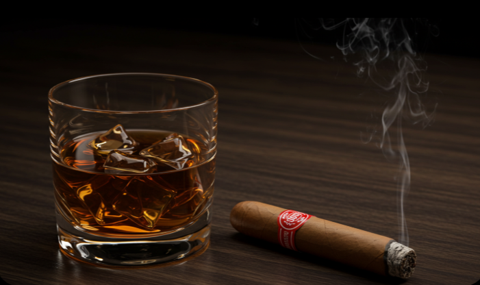 럼이나 위스키 한 잔, 그리고 살짝 타고 있는 시가가 있는 이미지