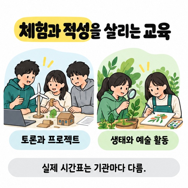 학생들이 모형으로 토론과 프로젝트를 하고 식물을 관찰해 그림으로 표현하는 모습을 보여주며 실제 시간표는 기관마다 다르다고 안내하는 그림