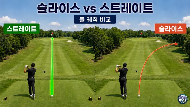 오른손잡이 골퍼의 스트레이트 볼과 오른쪽으로 휘는 슬라이스 볼 궤적 비교