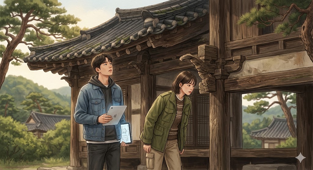 경주의 이백 년 된 낡은 고택과 이를 바라보는 현대적인 건축 학도들의 엇갈린 시선을 담은 우리가 열 번을 나고 죽을 때 해석 일러스트