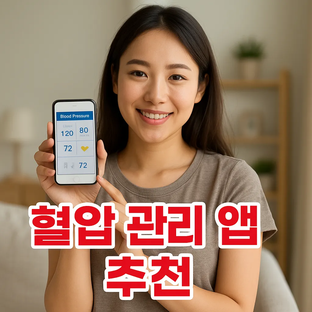 혈압 측정 앱이 켜진 스마트폰을 들고 웃고 있는 여성 혈압 앱 추천, 건강 앱