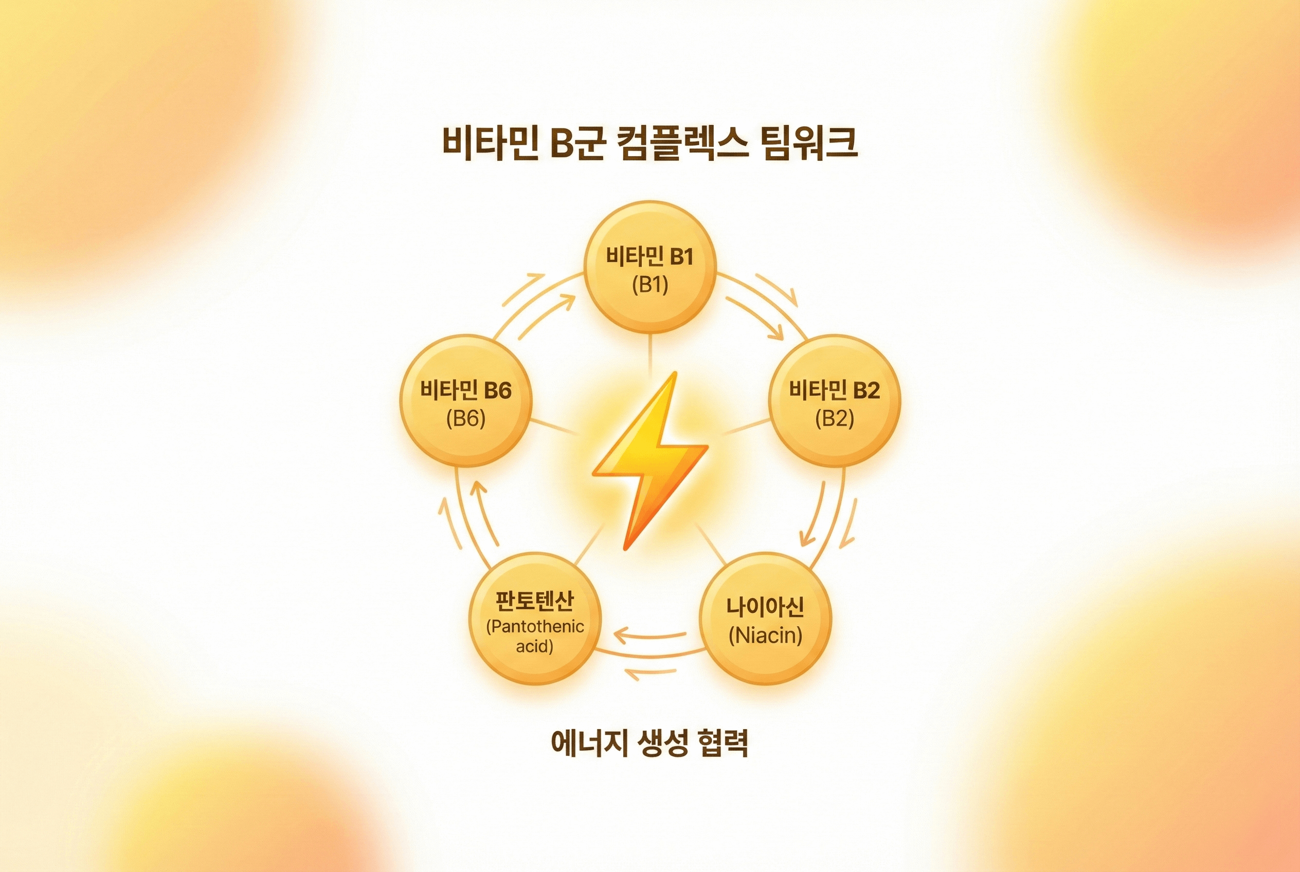 노란색 알약 아이콘들이 B1·B2·B6·나이아신·판토텐산 이름이 적힌 작은 원형 아이콘과 함께 원을 이루며, 에너지 번개 아이콘을 중심으로 둘러싸고 있는 팀워크 컨셉의 비타민B군 인포그래픽 이미지