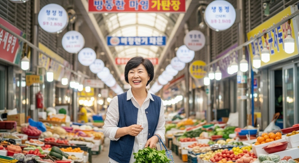 전통시장 입구에서 장을 보는 한국인 중년 여성의 미소