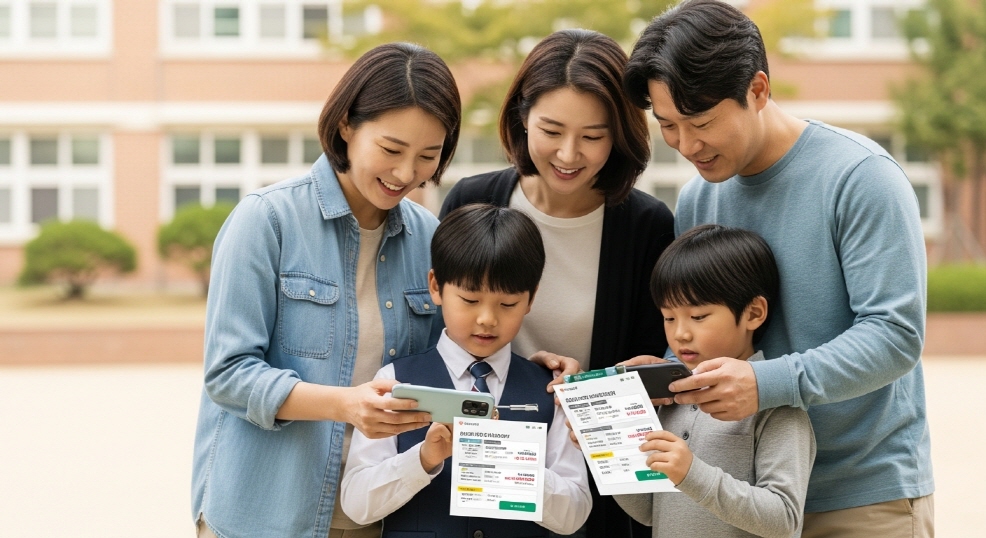 부모와 초등학생 자녀가 스마트폰을 보며 지원금 안내를 확인하는 모습