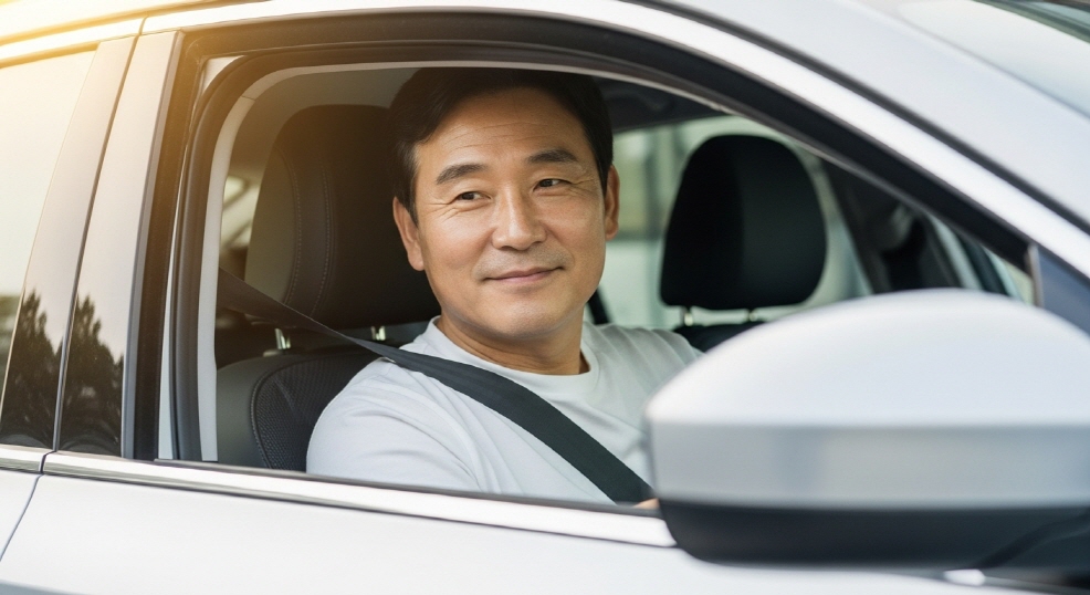 자동차를 닦으며 만족하는 중년 운전자