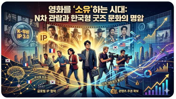 한국형 굿즈 문화의 명암을 다룬 블로그 썸네일입니다. 좌측은 오리지널 티켓 등 굿즈 소장과 매출 성장을 나타내고, 우측은 리셀과 데이터 허수 등 구조적 한계를 시각화했습니다. 중앙의 인물은 소유와 관람의 본질 사이에서 고민하는 비평가의 시선을 상징합니다.
