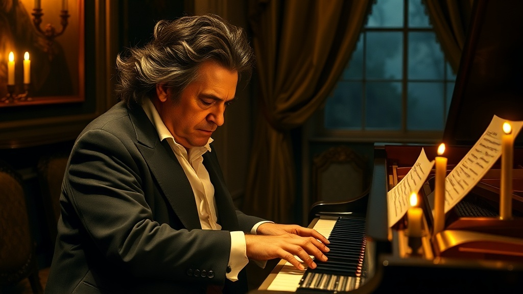 베토벤이 피아노 협주곡5번 '황제'를 작곡하며 연주하는 모습의 상상 이미지 (AI 생성)