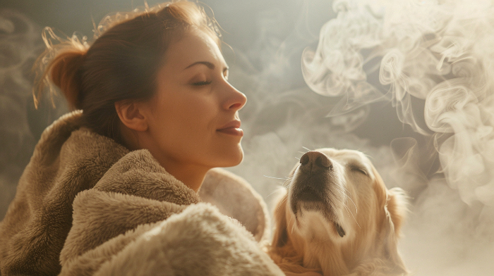 반려견과 함께 자연 속 뷰티 스파를 즐기는 여성, 밝은 햇살과 편안한 분위기