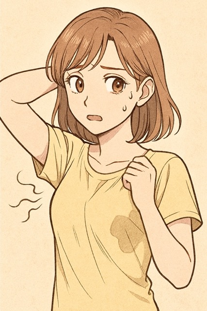 겨드랑이 땀자국을 걱정하며 민망해하는 여성