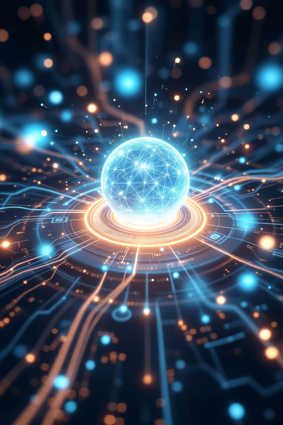 구글의 혁신적 AI 모델 'Gemini'를 상징하는 이미지. 중심에 빛나는 푸른 구체가 있으며, 주변에는 디지털 네트워크와 회로를 연상시키는 오렌지색과 파란색 빛의 선들이 퍼져 있다. 첨단 기술과 연결성을 강조하는 미래지향적 디자인