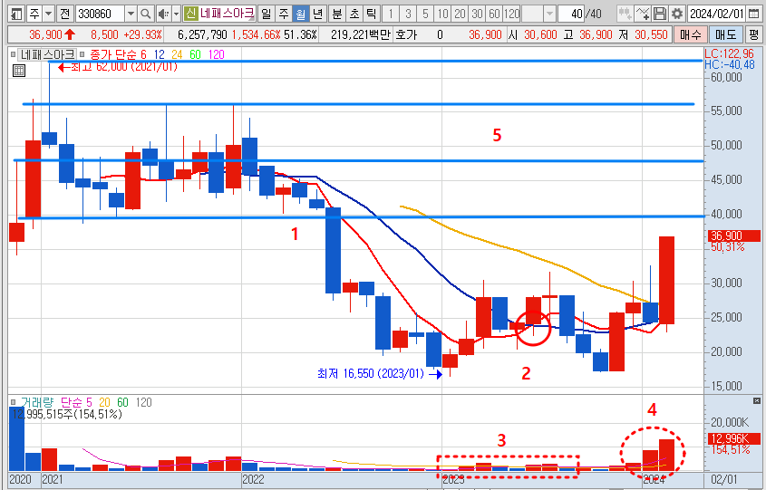 네패스아크 월봉 차트 분석 (24.2.21)