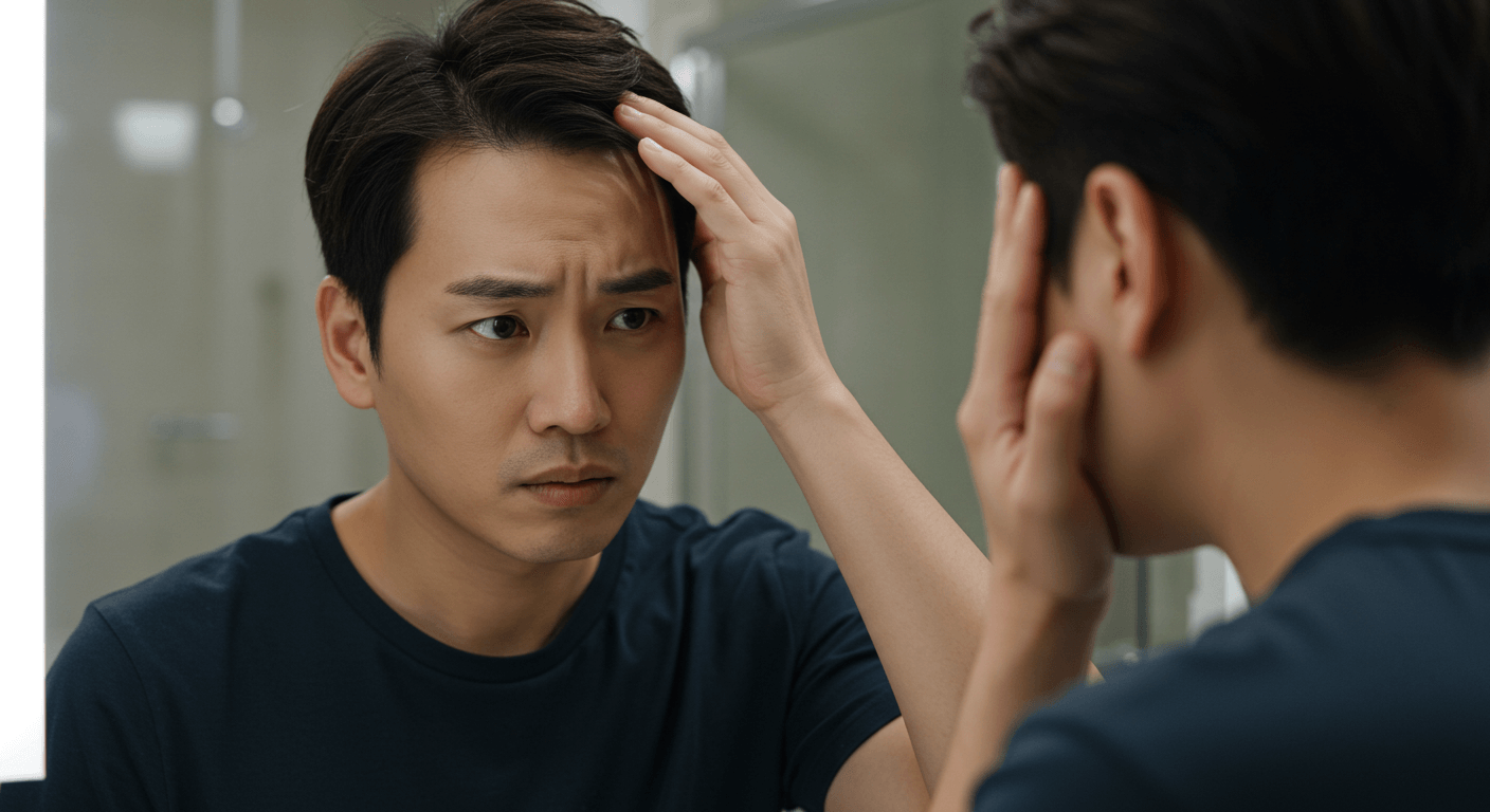 정수리 탈모가 의심되어 거울 앞에서 머리카락을 살펴보는 30대 한국 남성의 모습
