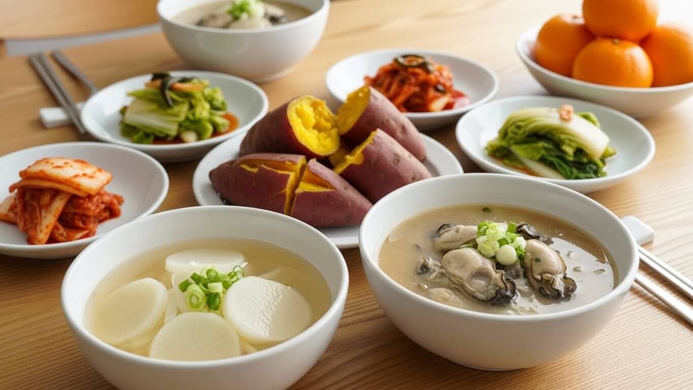 겨울 제철 음식으로 차린 한국 가정식 식탁, 무국과 굴국, 고구마, 배추 반찬과 귤이 함께 놓인 면역력 식단