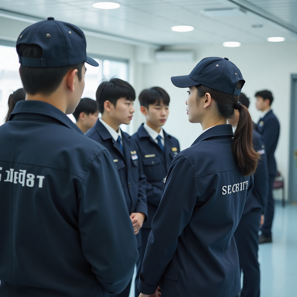 깔끔한 경비 제복을 입은 교육생들이 강사의 설명을 듣거나 실습 장비를 다루는 모습 (뒷모습 또는 측면). 배경은 현대적인 교육장.이미지