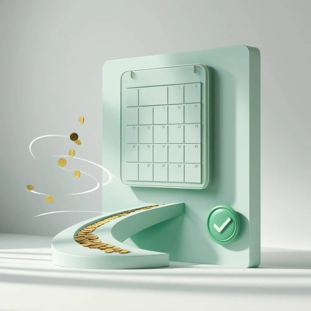 부모 자식간 차용증: 캘린더&amp;#44; 동전&amp;#44; 체크 마크로 상환계획을 상징적으로 나타낸 이미지.