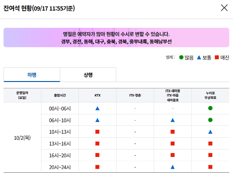 잔여석 현황 10월2일