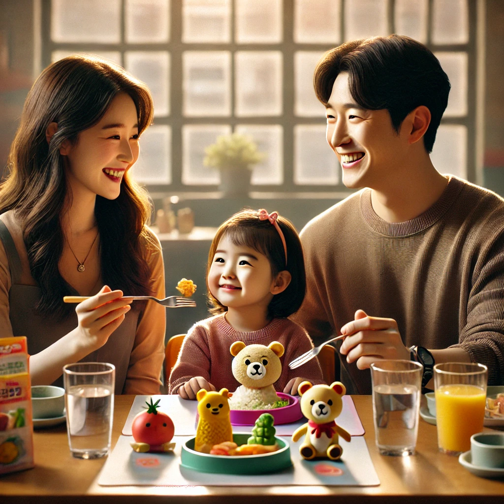 아이용 식기와 귀여운 키즈메뉴가 놓인 테이블, 엄마 아빠와 아이가 함께 식사 중인 모습