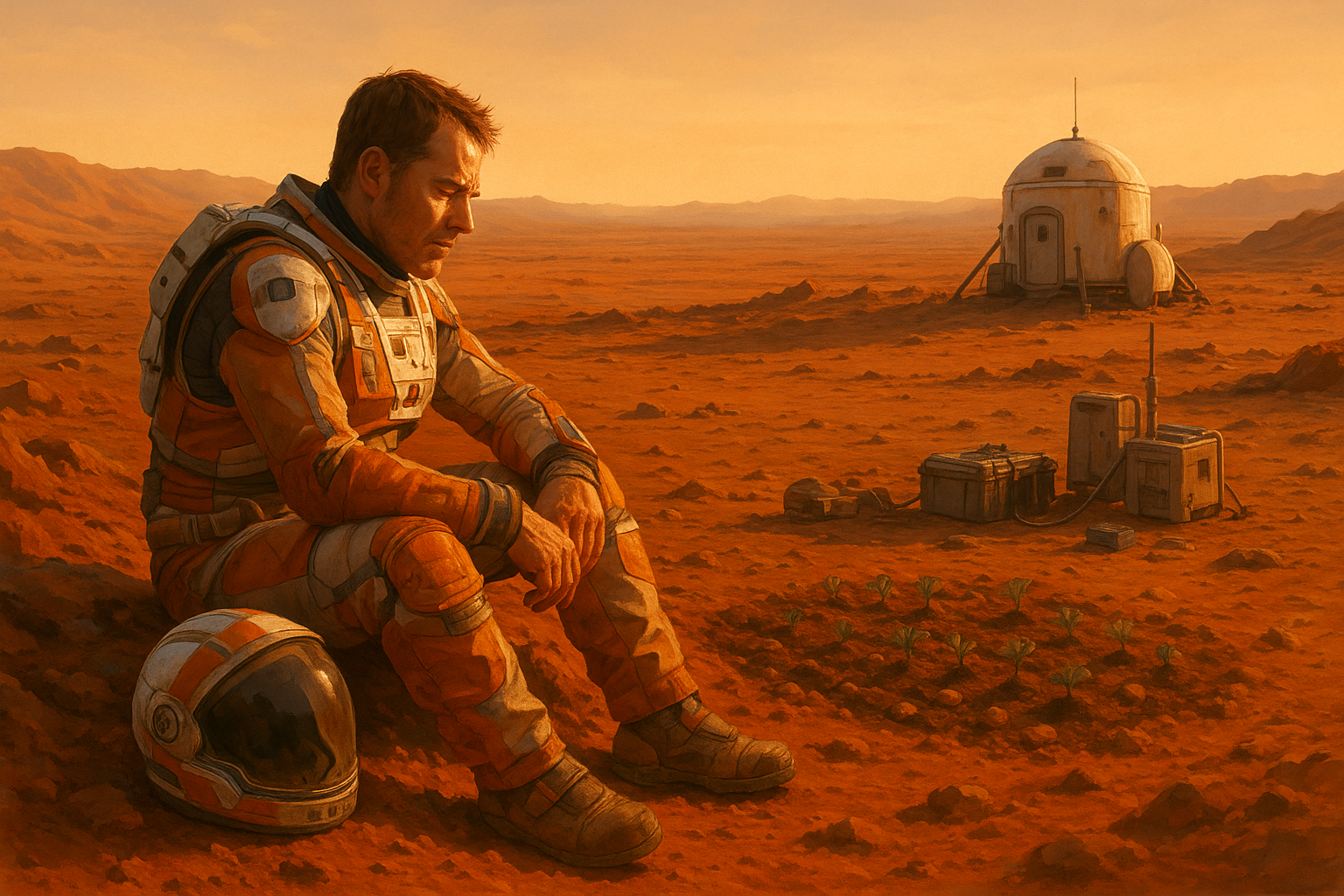 화성의 붉은 대지 위, 우주복을 입은 남성이 홀로 앉아 감자밭을 바라보는 모습