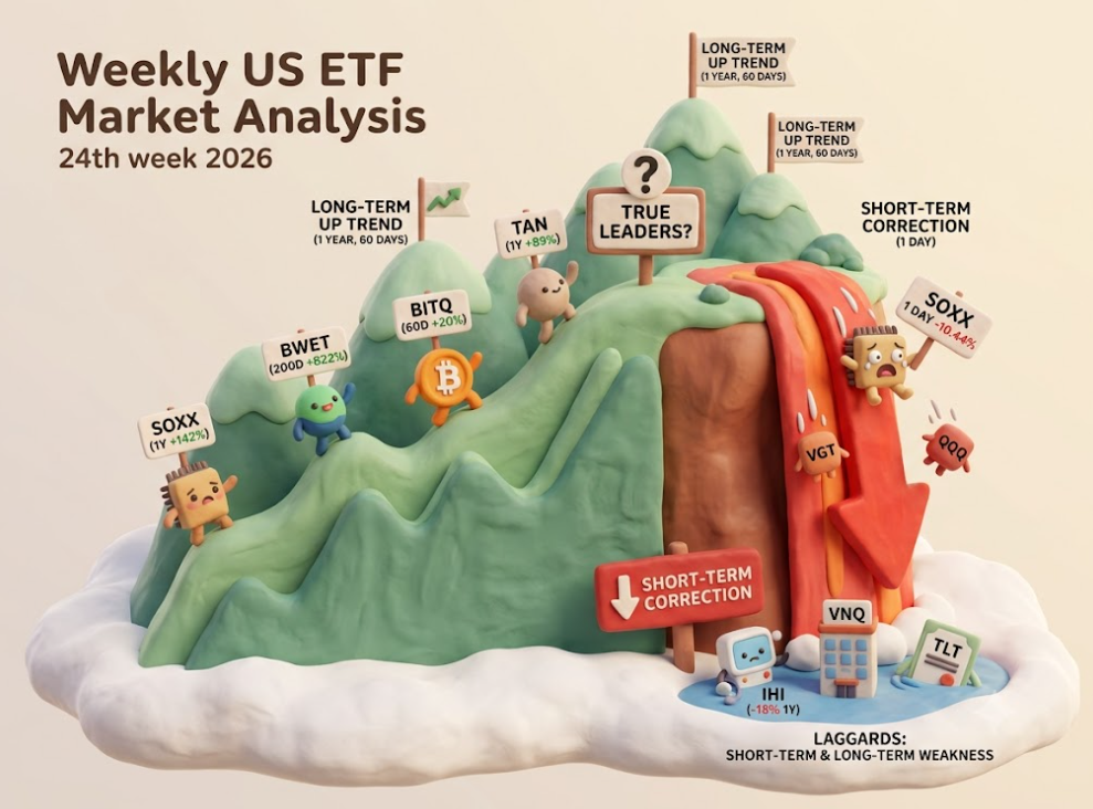 [주간 미장 ETF 분석 (26Y24W)] SOXX 1일 -10%대&hellip; 6월 조정장에서 진짜 주도주는?