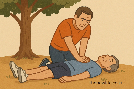 A man is performing CPR on an unconscious middle-aged person lying under a tree, showing a heatstroke emergency response. / 나무 아래 쓰러진 중년 남성에게 심폐소생술(CPR)을 실시하는 모습. 열사병 응급상황에 대한 대처를 표현함/열사병과 일사병 의 차이 설명 이미지
