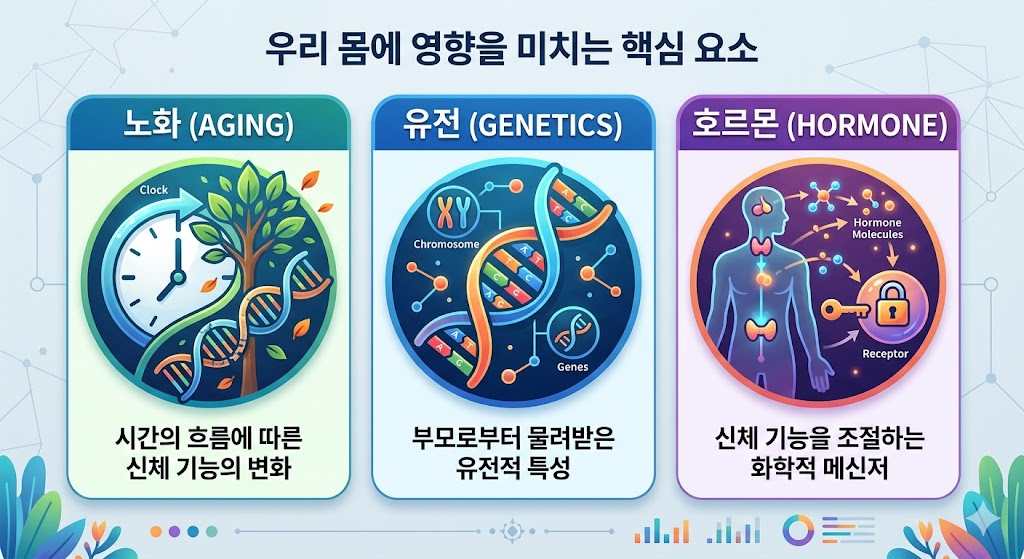 An infographic showing the three main causes of cherry angiomas: skin aging, genetic factors, and hormonal changes.