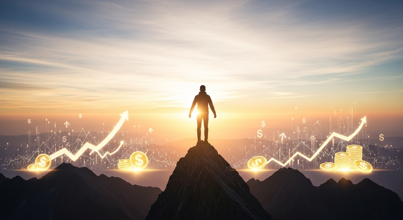 산 정상에서 밝은 미래를 바라보는 사람, 긍정적인 돈 마인드셋과 성장을 상징