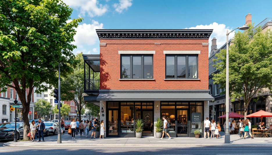 리모델링된 꼬마빌딩과 활기찬 유동인구가 있는 상업 지역